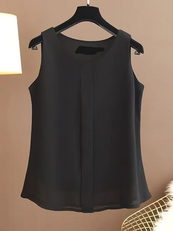 Loose Women's round Neck Double Layer Sleeveless Top Summer Outerwear Vest Transparent Chiffon Slimming plus Size Cover Belly