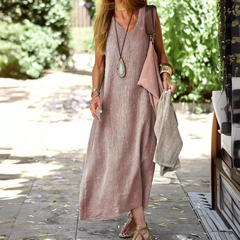 Summer Women Dress V Neck Sleeveless Vest Type Loose Ankle Length Pure Color A-line Pullover Vacation Beach Maxi Dress 80%