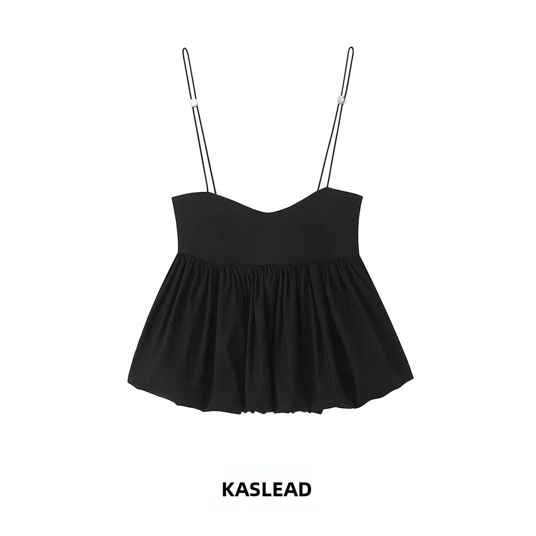 KASLEAD New Women's Fashion Versatile Balloon Style Buckle Top Polyester Fiber Inner Wear Regular Length Spring Season