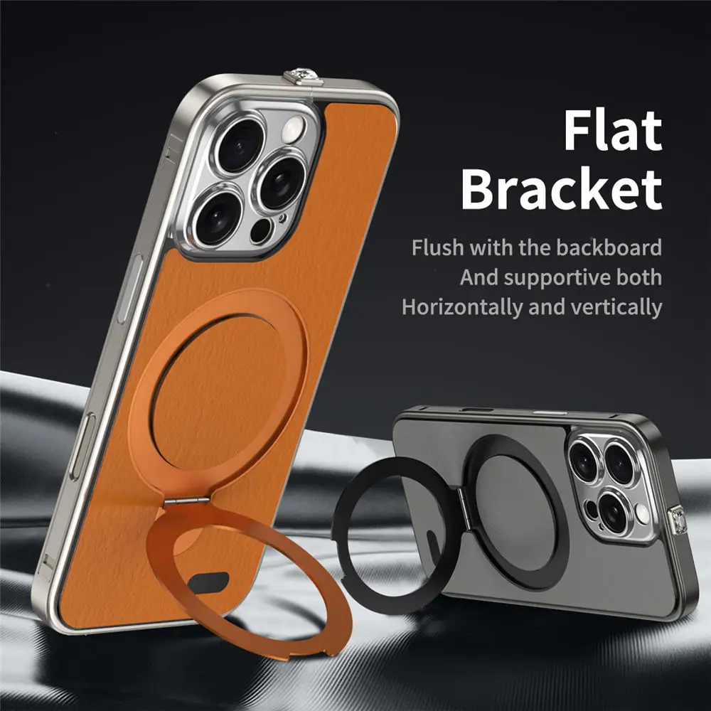 Magnetic Fine Leather Back Film Steel Bumper Case For iPhone 15 16 Pro Max Flat Stand Back Cover