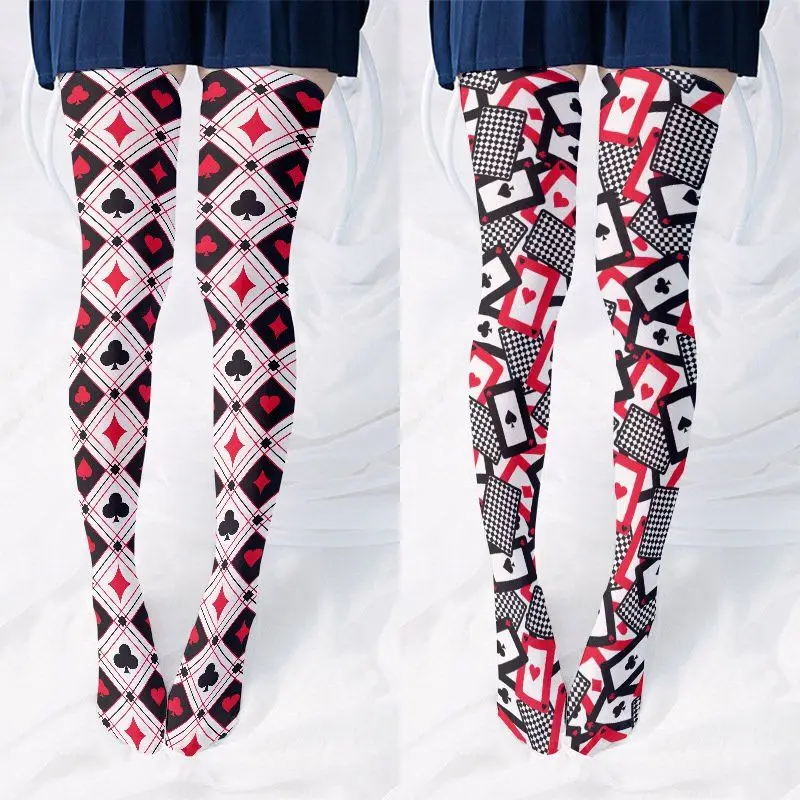 

Lolita Sweet Poker Card Printed Over Knee Silk Socks Cute Women's Long Stockings