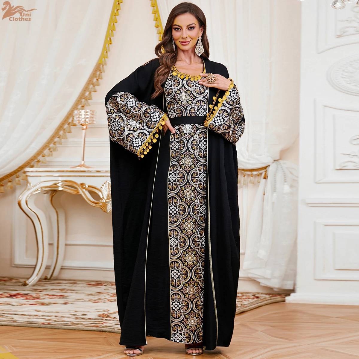 

Luxury Embroidery Patchwork Maxi Dress Two-Piece Set Muslim Batwing Sleeve Abaya Moroccan Kaftan Dubai Elegant Casual Clothing