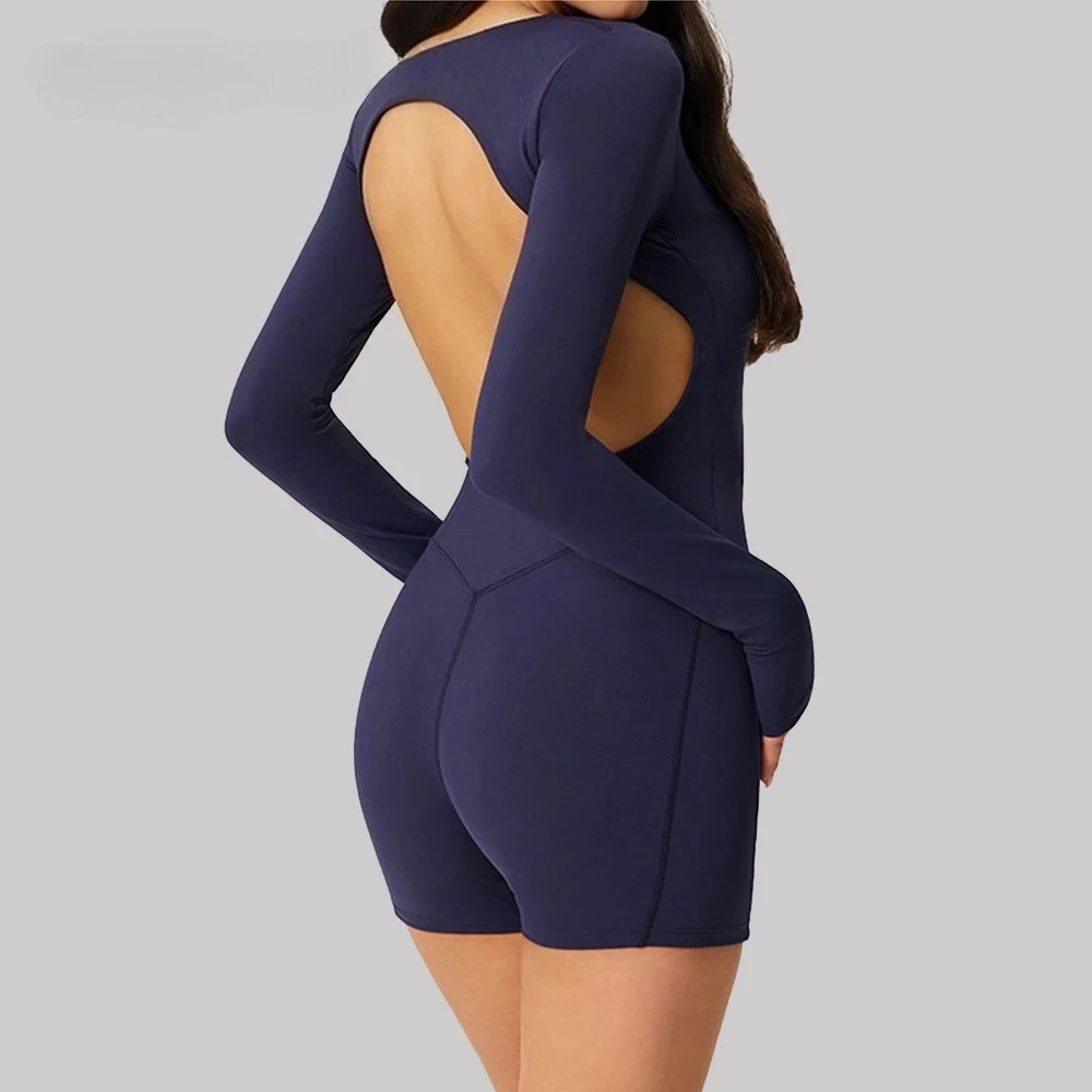 Women Shorts Bodysuits Yoga Workout Clothes One-piece Fitness Romper Sports Bodysuit Push Up Long Sleeves Gym Backless Jumpsuit