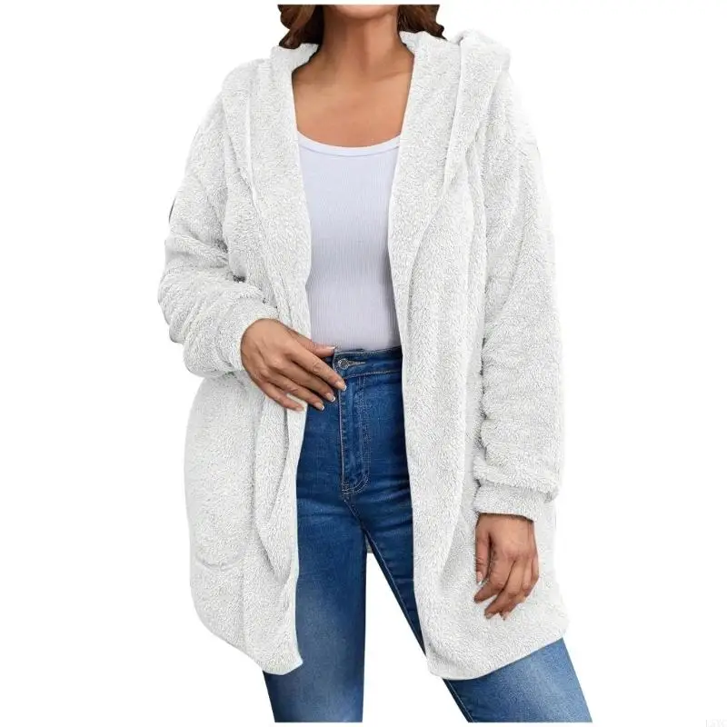 L5YC Women's Large Size Plush Cardigan Casual Hooded Comfortable Lambskin Winter Coat