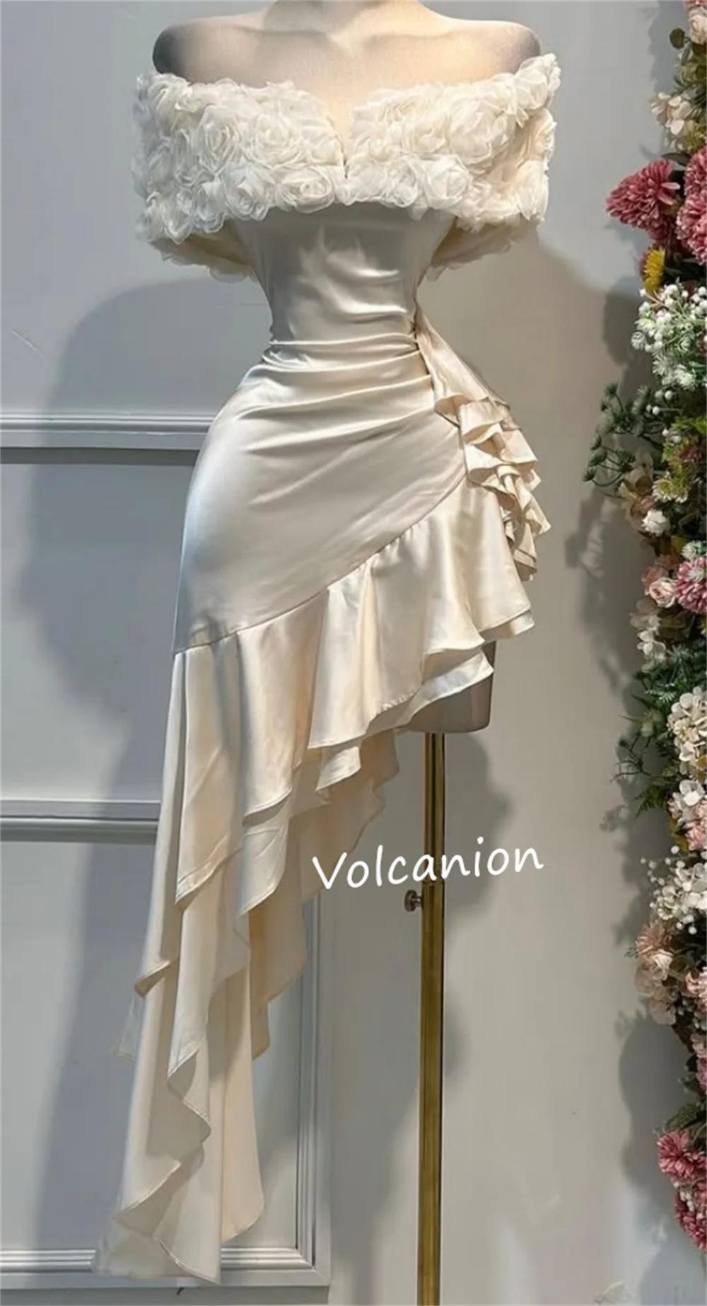 Customized Formal Fashion Charmeuse Applique Ribbon Ruffle Asymmetrical Off-the-shoulder Midi Dresses Bespoke Occasion