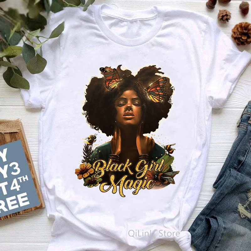 Melanin Queen T-Shirt Summer 2024 New Arrival Black Girl Magic Tshirt Women BLM Vintage Graphic T Shirts White Tops Tees