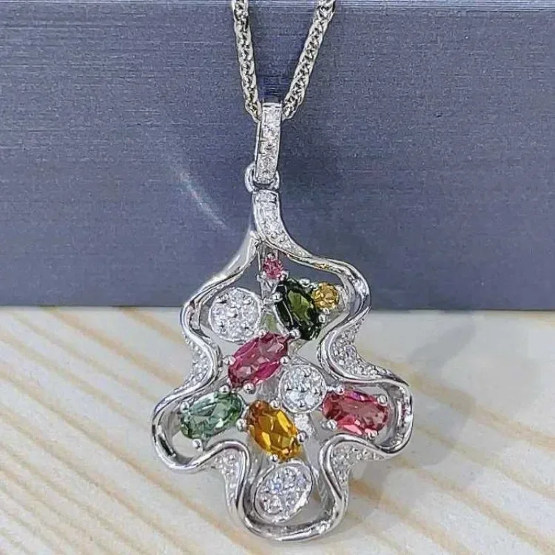 SACE GEMS Luxury 925 Sterling Silver Certified 3*5MM Natual Tourmaline Pendant Necklace for Women Cocktail Party Fine Jewelry