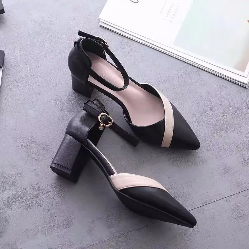 Women's Classic Beige Square Heel Pointed Shoes for Party Ladies Spring Summer Black Buckle PU Leather Profession Pumps