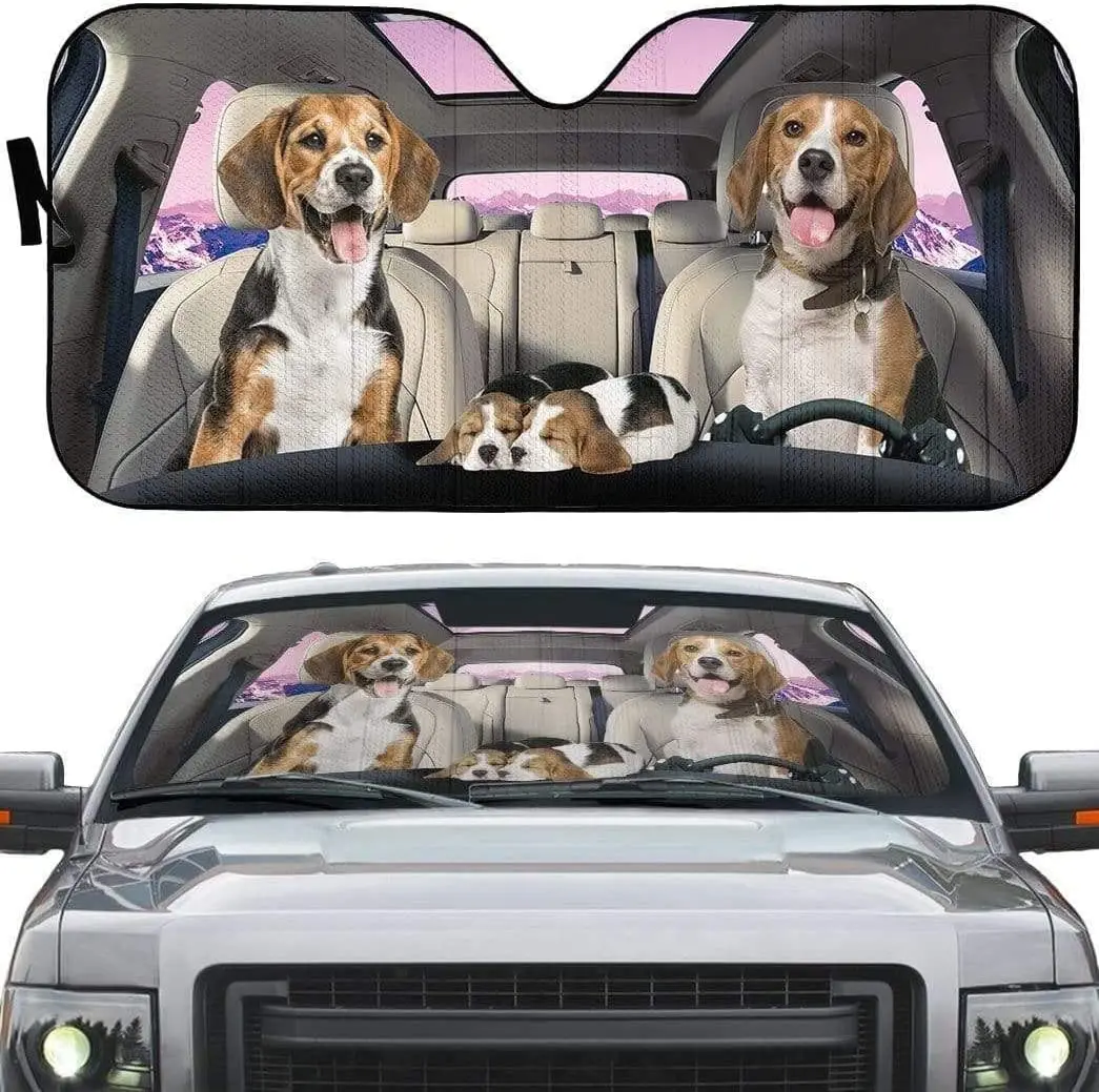 

Beagle Smiley Dog Family Sleepy Puppy Mountain Scenery Car Sunshade, Funny Beagle Family Driving On Mountain Auto Sun Shade, Bea