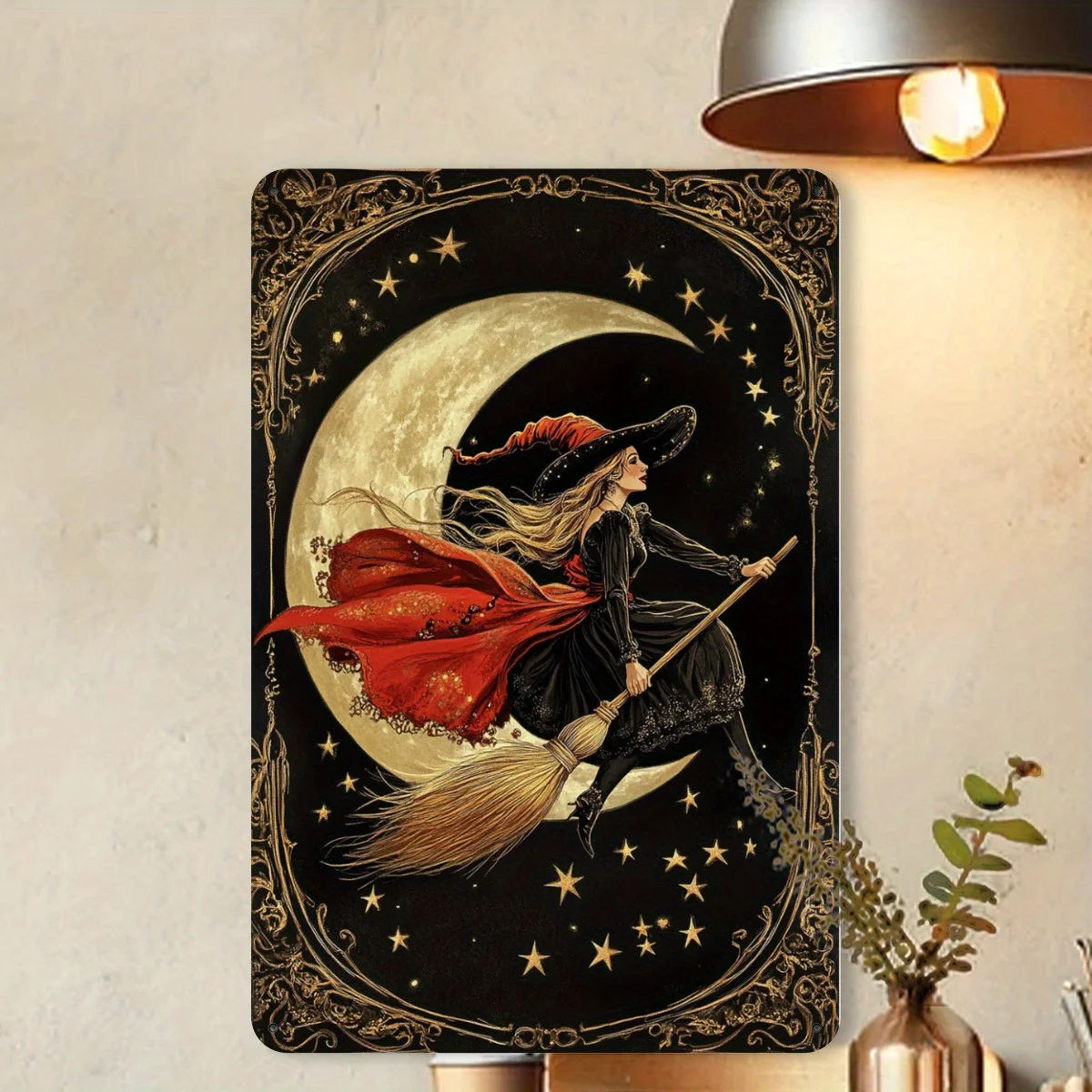 1pc 2D Flat Vintage Witch on Broomstick Tin Sign 8×12 Inch, Whimsical Halloween Wall Art Decor for Cafe, Bar, Garage Indoor‑Outd