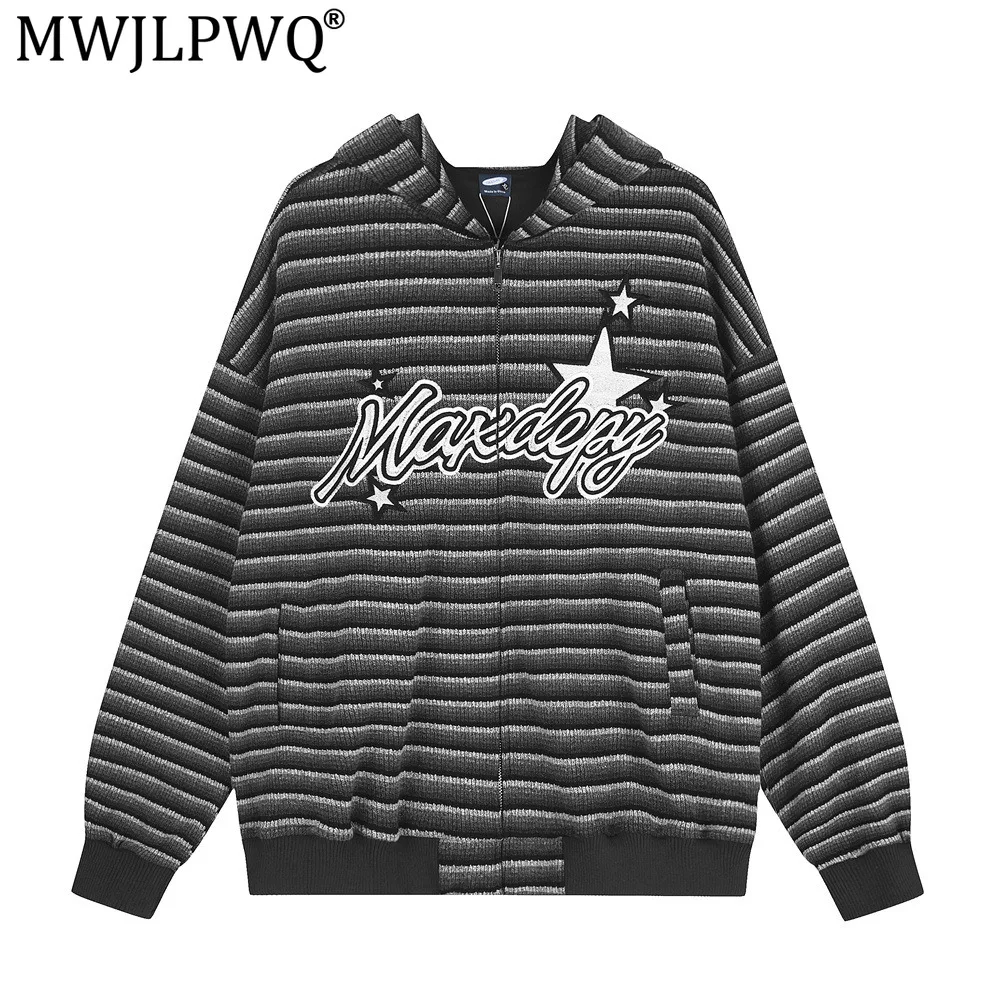 MWJLPWQ Loose Striped Embroidery Hooded Sweatshirt For Men American Trendy Vibe Lettering Spring Autumn Casual Hooded Tops 20558