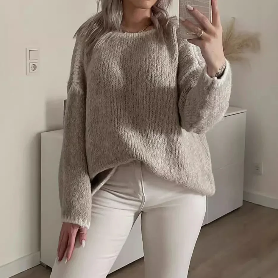 Sueter Mujer Korean New Sweater Women O Neck Spliced  Long Sleeves Knitted Top Loose Casual Warm Pullover