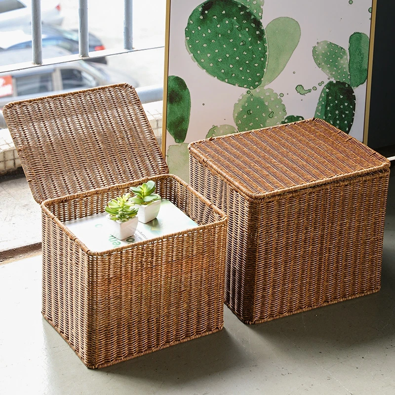 Woven Storage Basket Handmade Dirty Clothes Baskets Rattan Storage Box with Lid Closet Storage Organizers Sundries Orgainzation