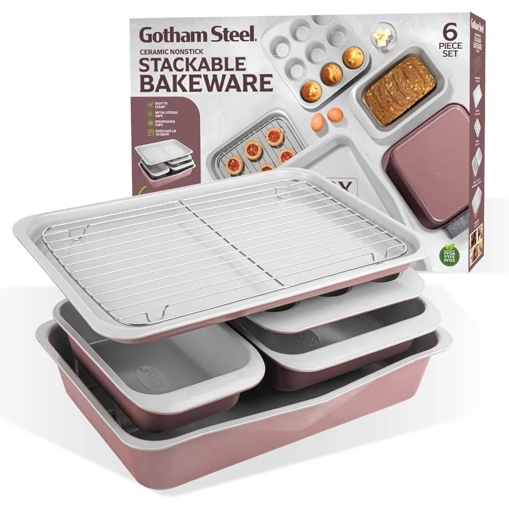

6-Piece Stackable Baking Pan Set, 70% Space Saving, Non-Toxic Ceramic Bakeware with Baking Sheet, Cake & Muffin Pans