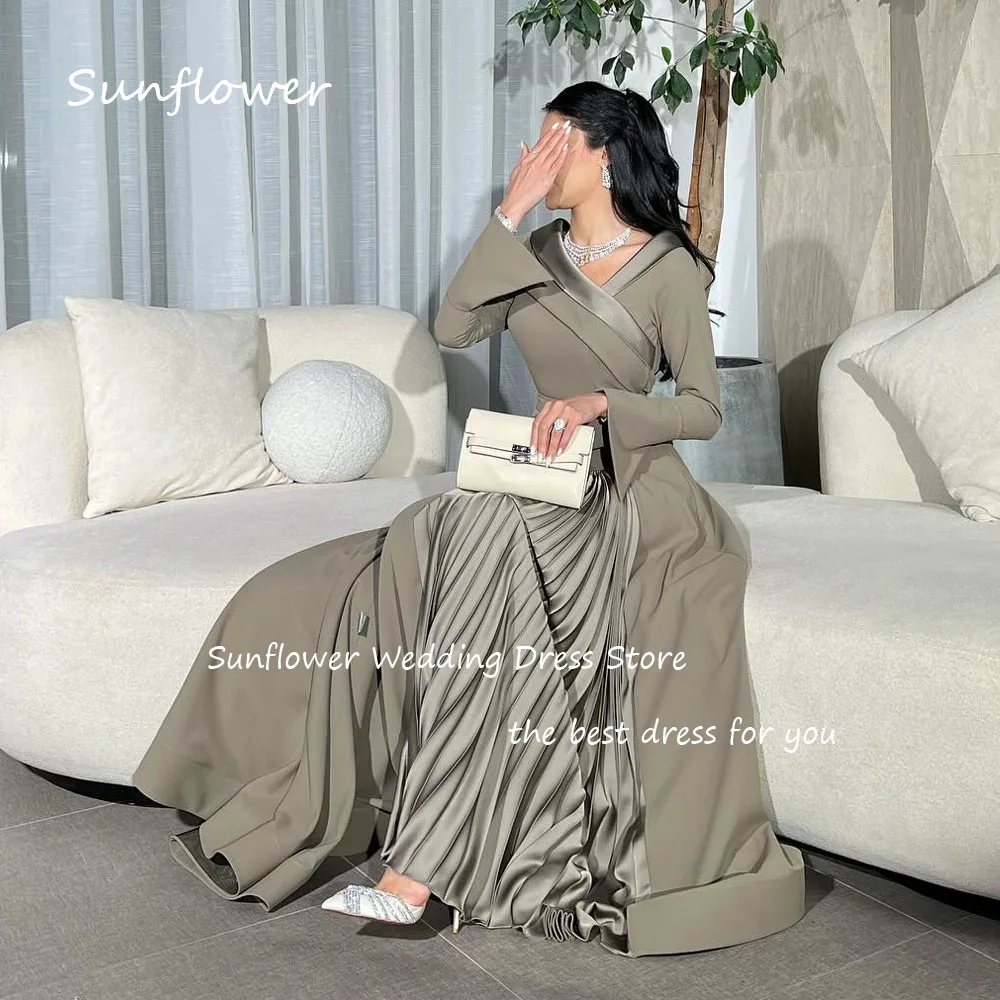 Sunflower Simple V-Neck Pleat A-LINE Formal Evening Dress Saudi Arabia 2024 Slim Crepe Ankle-Length Prom Dress