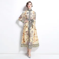 Runway 2025 Spring Full Sleeve Floral Maxi Dress Shirt For Women's Single Breasted Palace Design Golden Print Long Dresses Party