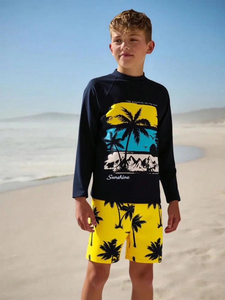 

Boy Kids Swimsuit 2026 New Coconut Tree Print Long Sleeves Children Swimwear Summer Shorts Two Piece Beach Bathing Suit Swimming