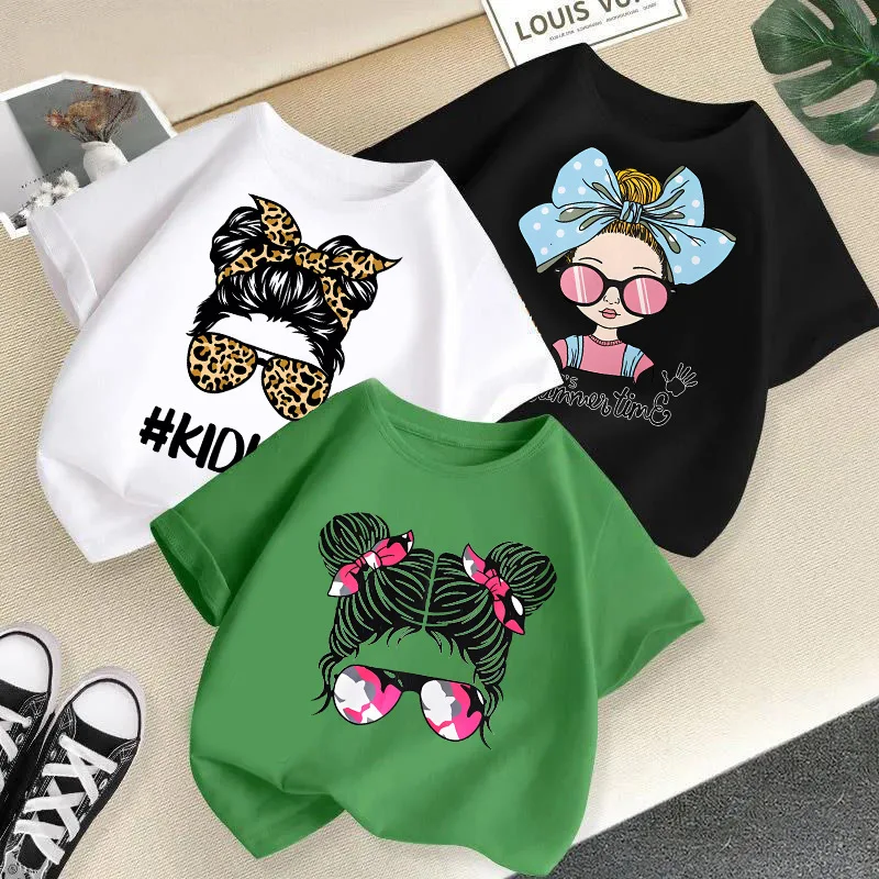 2024 Children's clothing summer Fun Girl print T-shirt children's fashion short sleeved T-shirt round neck top for girls