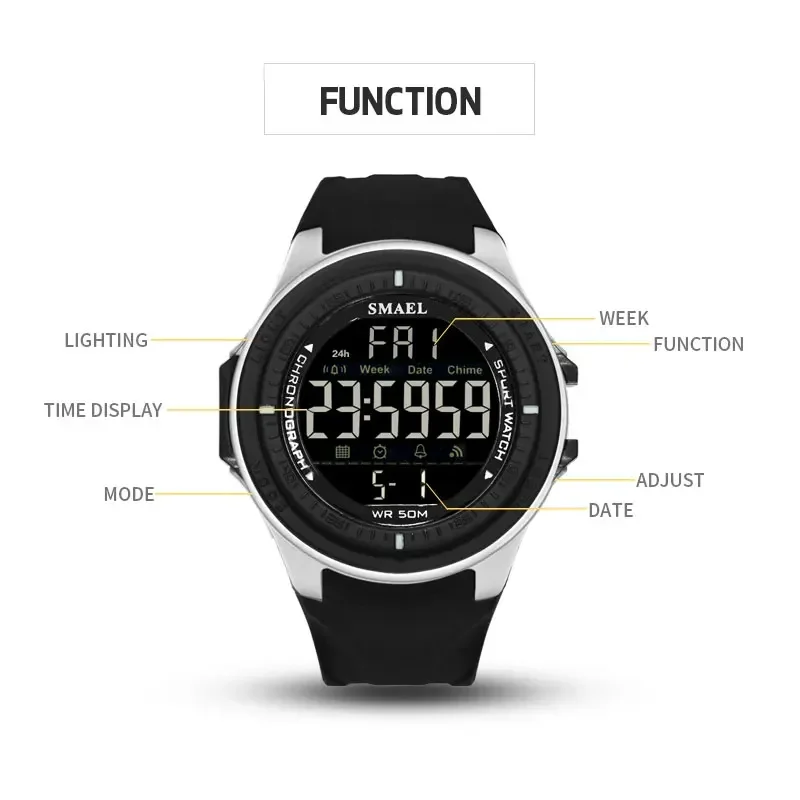 SMAEL Brand Men Sports Watches Digital LED Big Dial Chronograph Men's Fashion Casual Electronics Wristwatches Man Military Clock