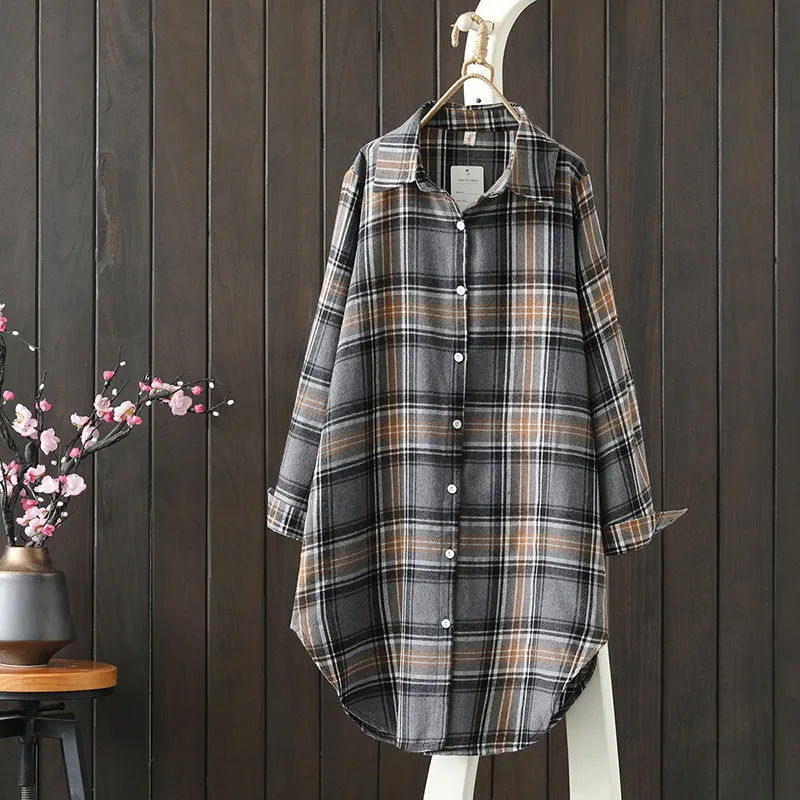 

SuperAen Korean Style Women's Retro Plaid Shirt Spring and Autumn New Long-sleeved Loose Oversize Asymmetrical Mid-length Shirts