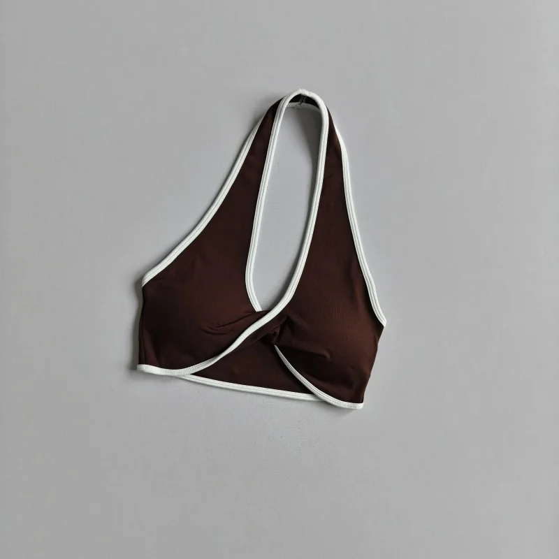 Damen-Yoga-BH mit Halterneck und Farbblock-Design, herausnehmbare Brustpolster, schnelltrocknendes Sport-Top für das Training. – Detail 5