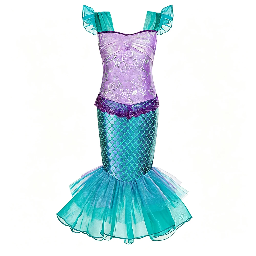 Fishtail Mermaid Summer Dress Ocean Themed Costume with Crown Shell Necklace Gloves for Girls 2-10 Years Carnival Party Gift