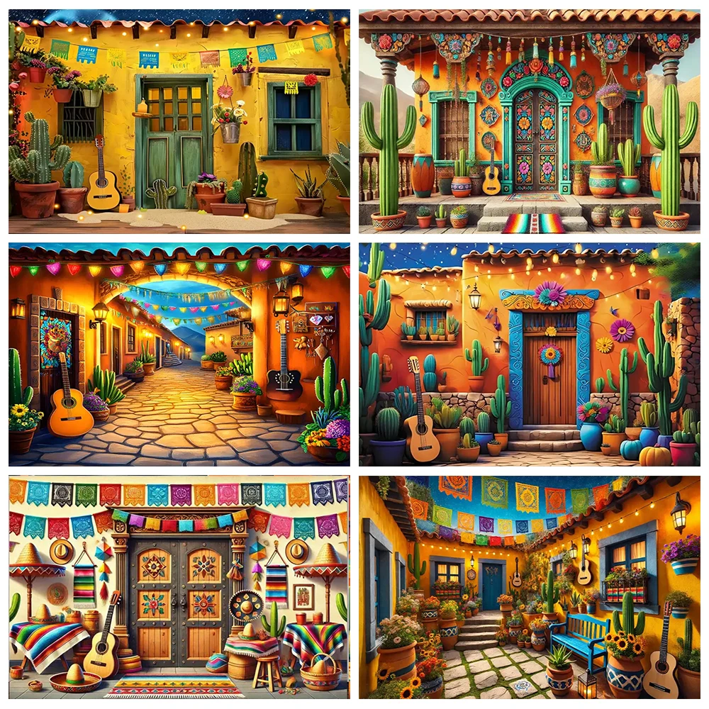 

Mexican Courtyard Fiesta Decor Backdrop Colorful Mexico Cinco De Mayo Festival Party Decorations Banner Photography Props Gifts