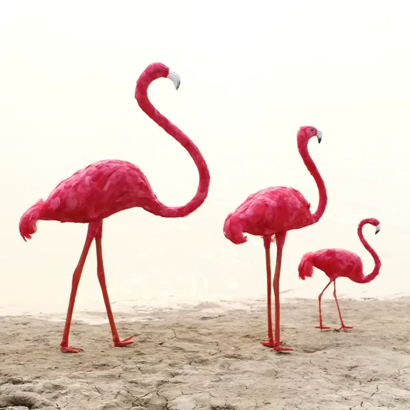 Real Feather Flamingo Bird Ornament Simulated Wetland Display Props Rectangle Shape for Home Decor Living Room Shelf Art