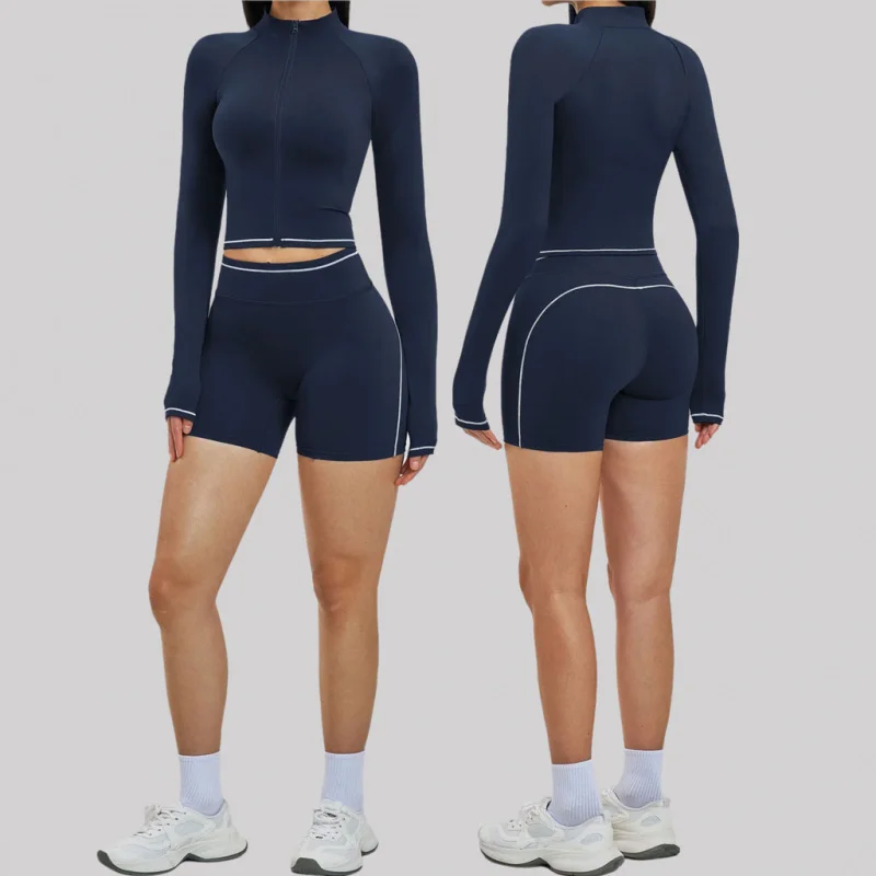 

Спортивный костюм из 2 предметов: женская куртка для йоги и шорты для фитнеса, одежда для тренажерного зала, спортивный комплект для бега и тренировок