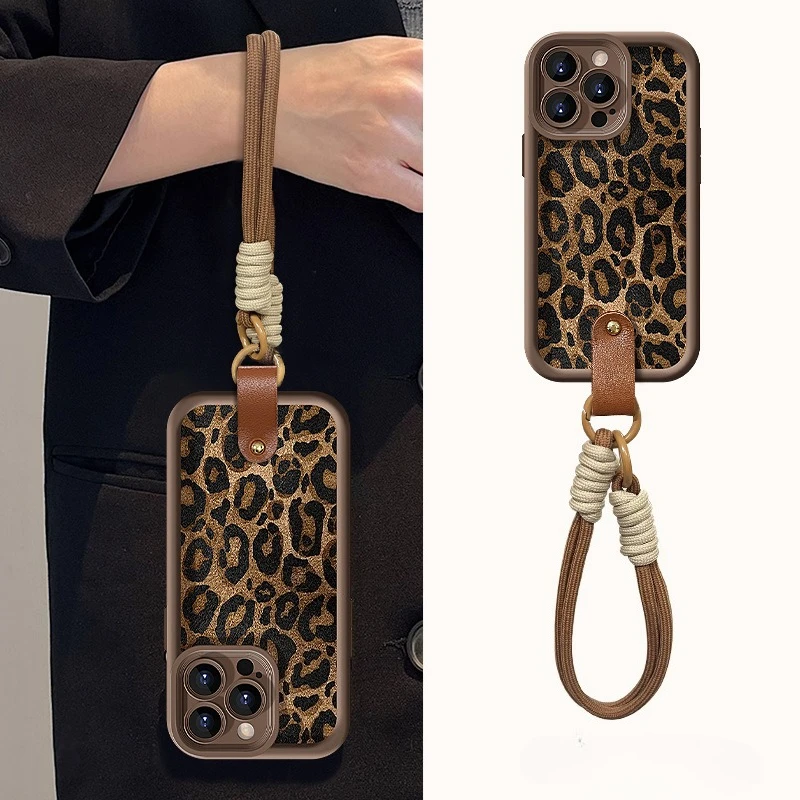 

Leopard Print Lanyard Suitable for iPhone 17 Phone Case 16promax Frosted Silicone 15pro All Inclusive 14 13 12 Protective Cover