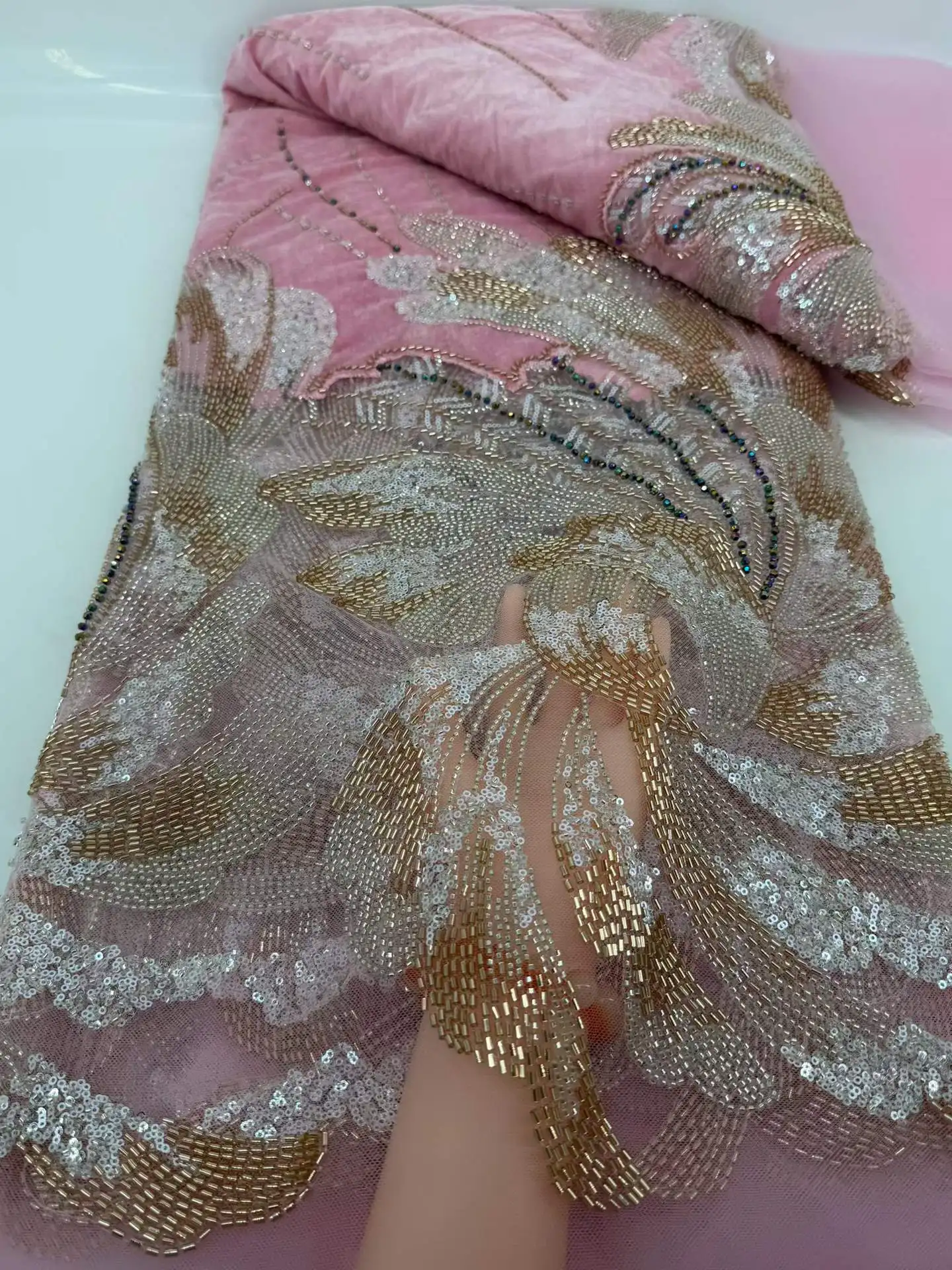 

African Velvet Lace Fabric with Sequins And Big Beads 5 Yards Bridal French Tulle for Luxury Wedding And Evening Dresses