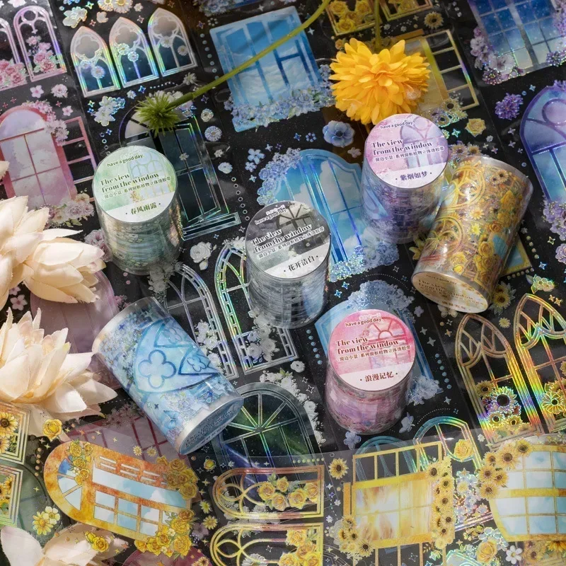 Flower Window Scenery Masking Tape Transparent Collage Decorative Adhesive Label Scrapbooking Material Sticker Kawaii