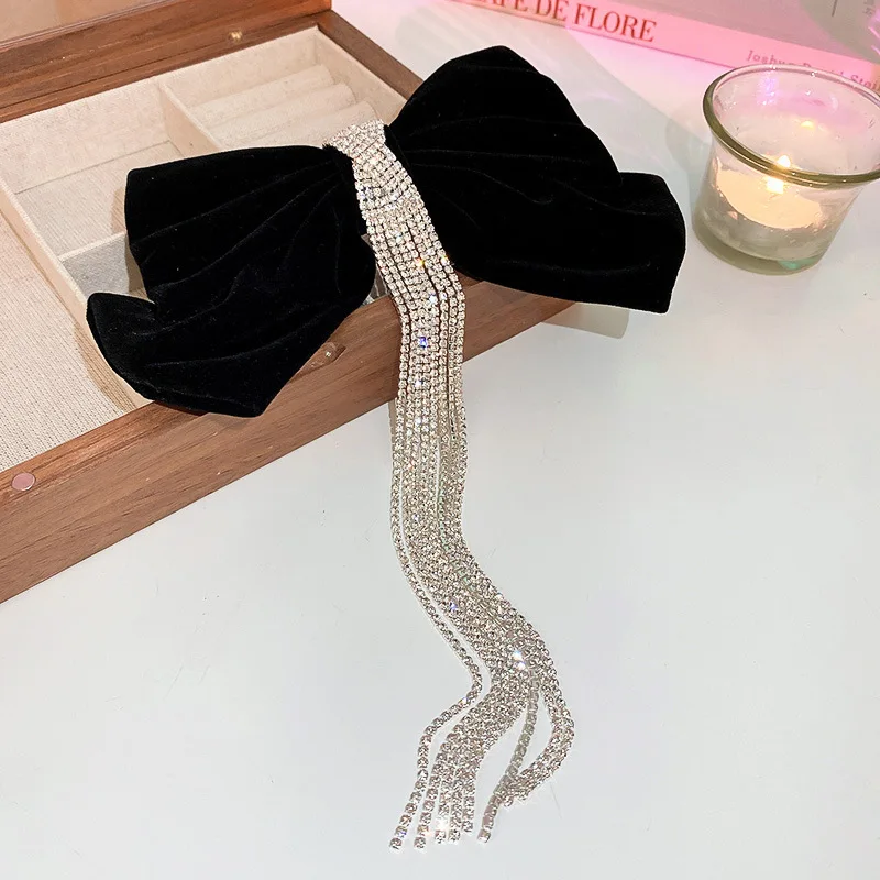 Black Red Velvet Bow Hair Pins Elegant Fabric Rhinestone Long Chain Hair Clips for Women Fashion Ponytail Heawear Accessories