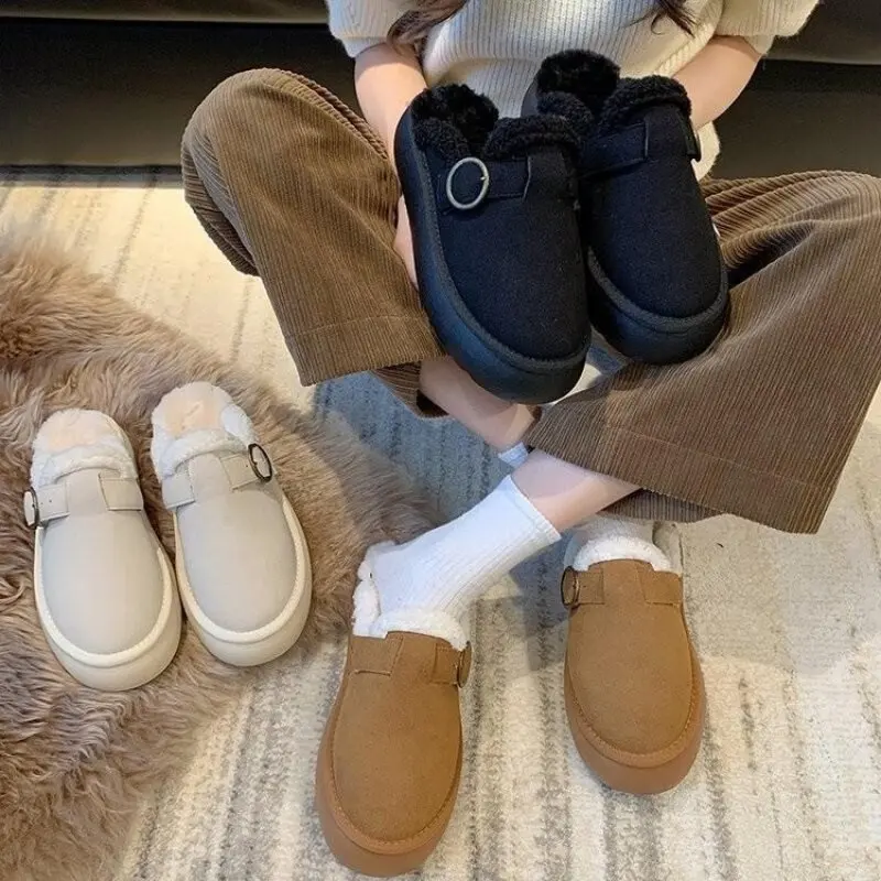 

Fashion Women Fur Mules Slippers Thick Plush Warm Suede Slippers Platform Outdoor Casual Slides Female Flip Flops Cotton Shoes