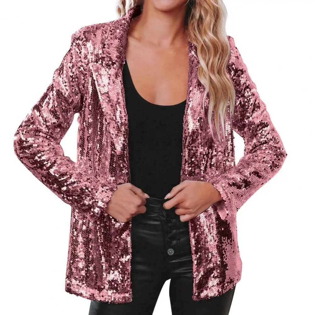 Dressy Sequin Coat Women's Sequin Jacket Shiny Open Front Blazer Jacket Party Sparkly Long Sleeve Cardigan Coat With Pockets 80%