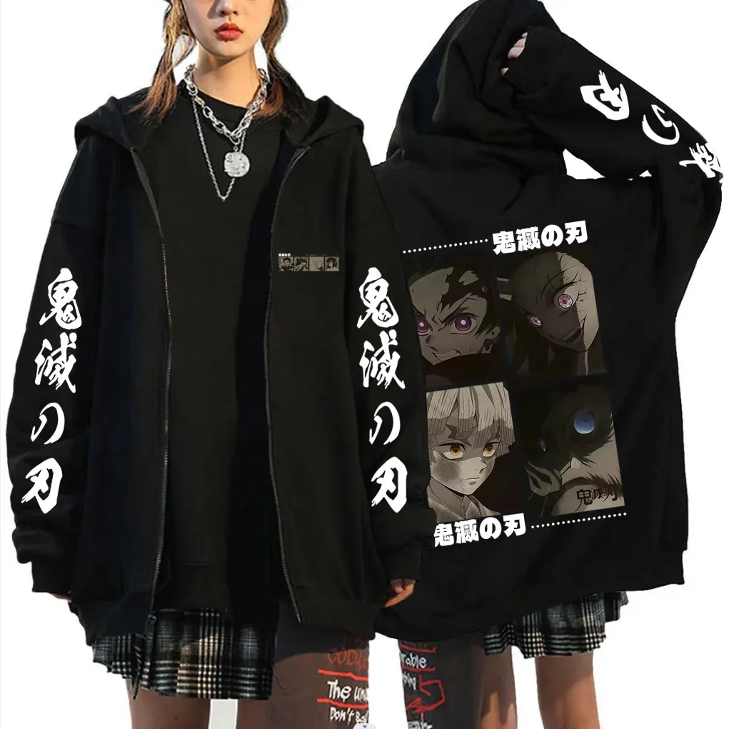 Anime Demon Slayer Kamado Tanjirou Kamado Nezuko Agatsuma Zenitsu Hashibira Inosuke Zipper Hoodie Unisex Fleece Zip Up Jacket