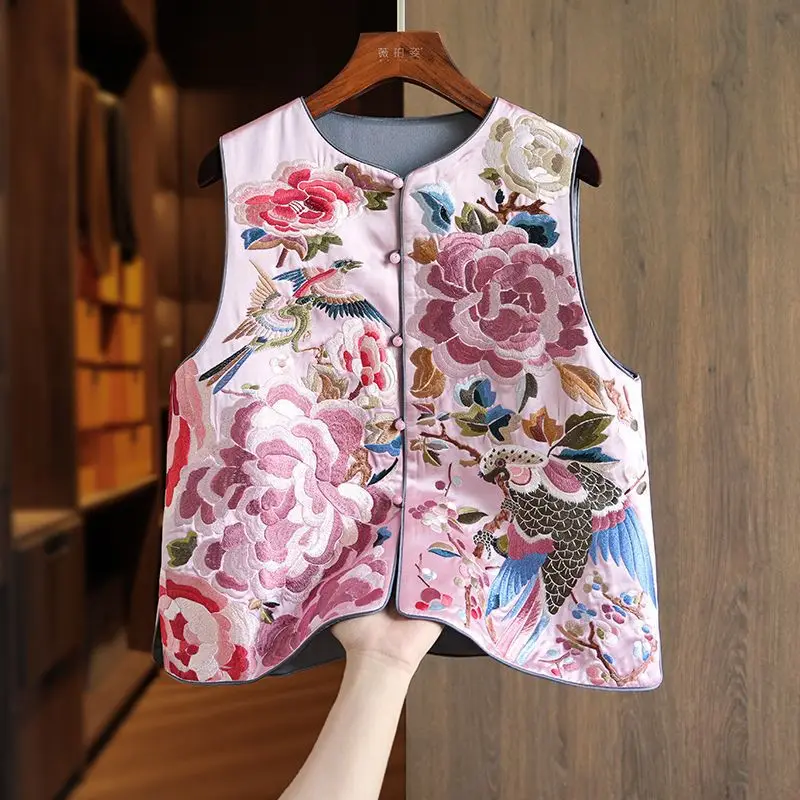 

Chinese Style Embroider Flower Vest Top Sleeveless Jacket Women Hanfu Qipao Tank Costume Lady Luxury Chesongam Tops Outwear