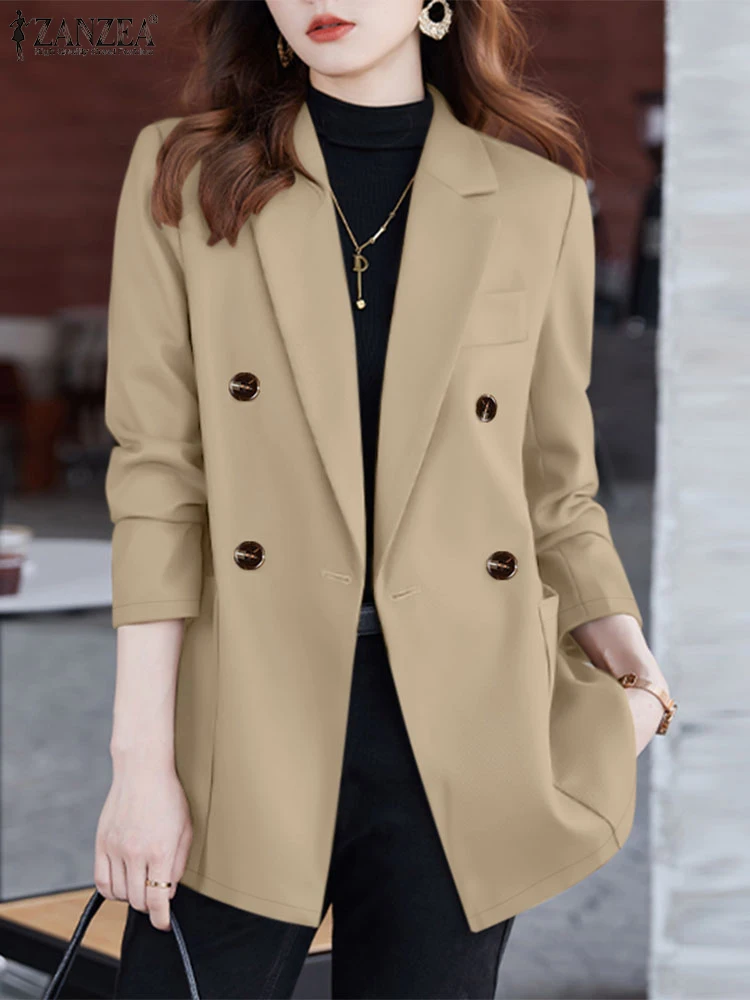 ZANZEA Casual Double-Breasted Thin Jackets 2025 Spring Solid Long Sleeve Office Lady Blazer Commute Women Lapel Neck Blazer