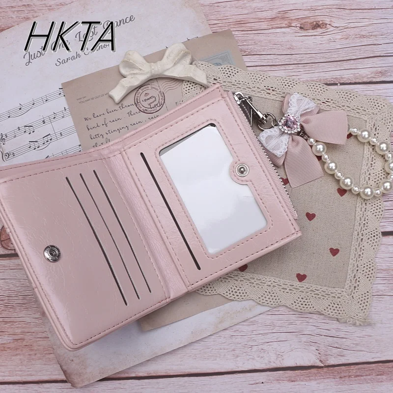 Portfel Japoński Słodkie Dziewczyny Lolita Ręcznie Robiony Uroczy Pasek z Kokardką Koraliki Cyrkonie Zawieszka Miłość Mały Portfel Etui na Karty Studenckie Portfel