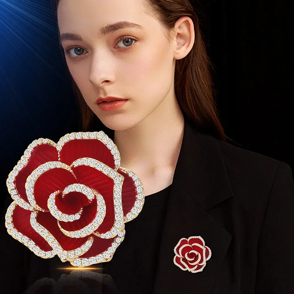 

New Brooch for Women Red Camellia Flower Brooches Zircon Inlaid Clothes Pin Luxury High Quality Jewelry Wedding Accessories Gift