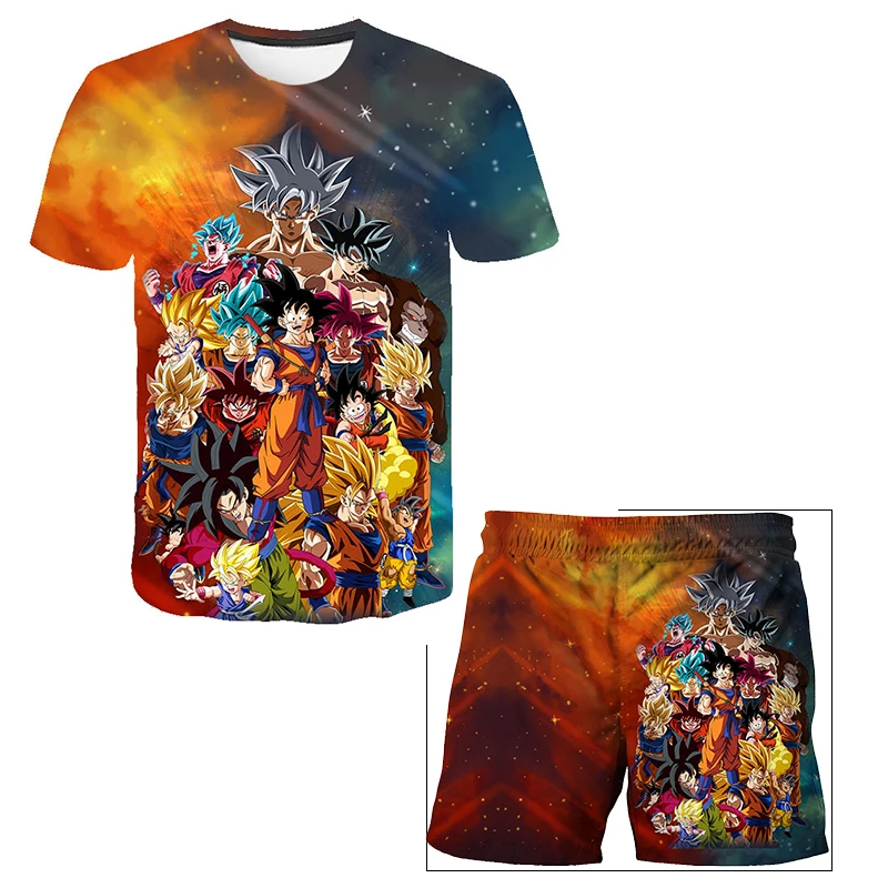Nueva camiseta de dibujos animados japoneses Dragon Ball Z, camiseta para niños + pantalones cortos, conjunto de dos piezas, camiseta de verano para niños + pantalones cortos, pantalones de playa