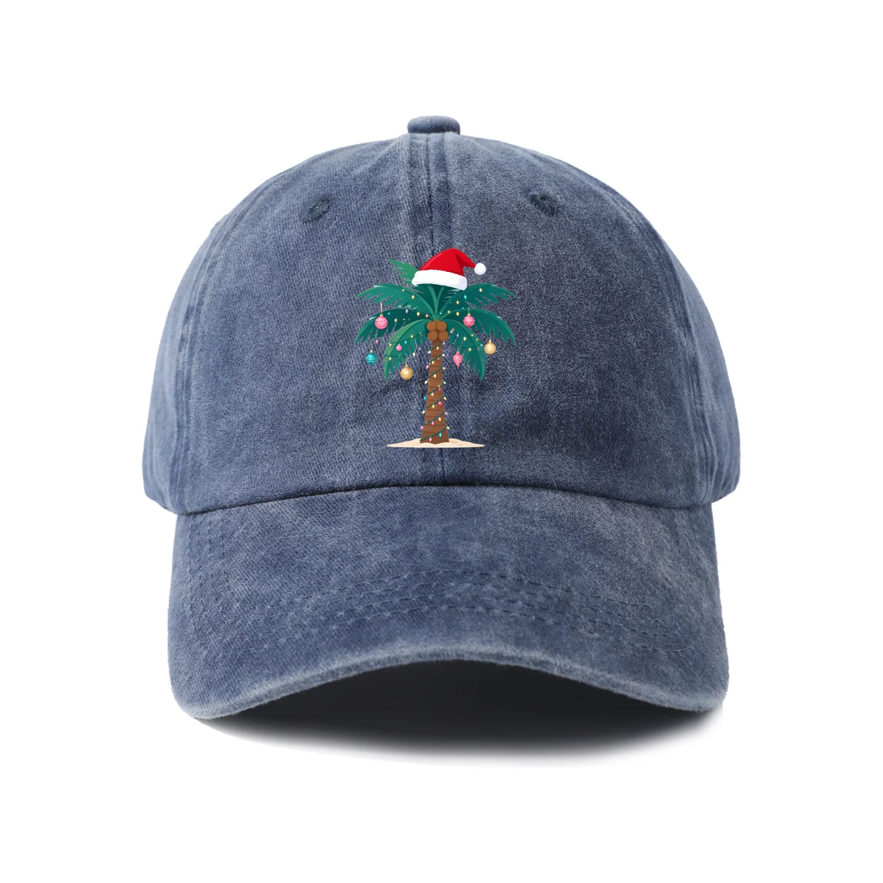 Tropical Christmas Palm Tree Graphic Vintage Washed Baseball Cap, Adjustable Unisex Dad Hat, Casual Gift