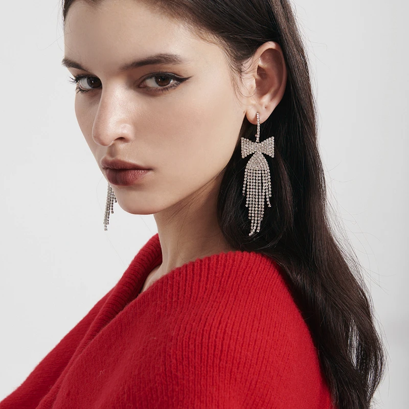 Korean Sweet Rhinestone Bowknot Drop Earrings for Women Fashion Temperament Long Tassel Earrings Jewelry Wedding Party Gifts