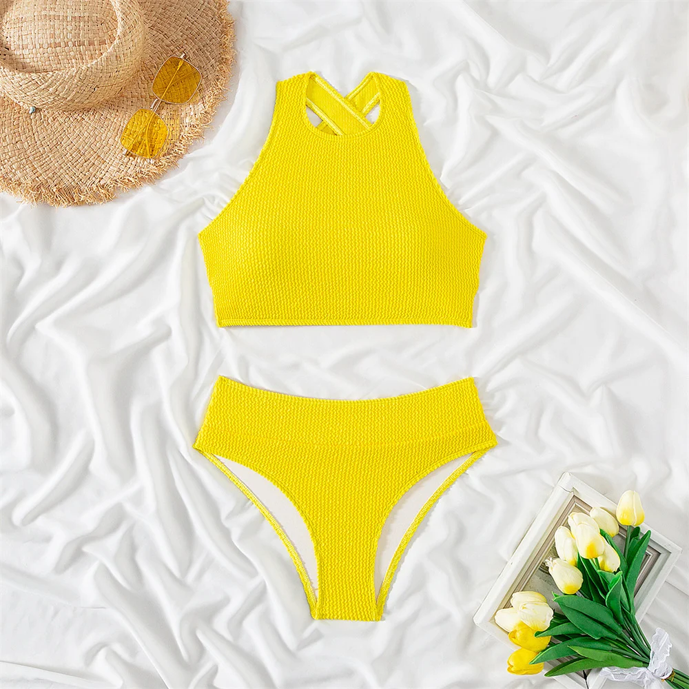 Cross Backless Bandage Bikini Yellow Y2K Tankini Swimsuit Ribbed Wrinkled Vacation Swimwear Women Bathing Suit Beach Set Biquini