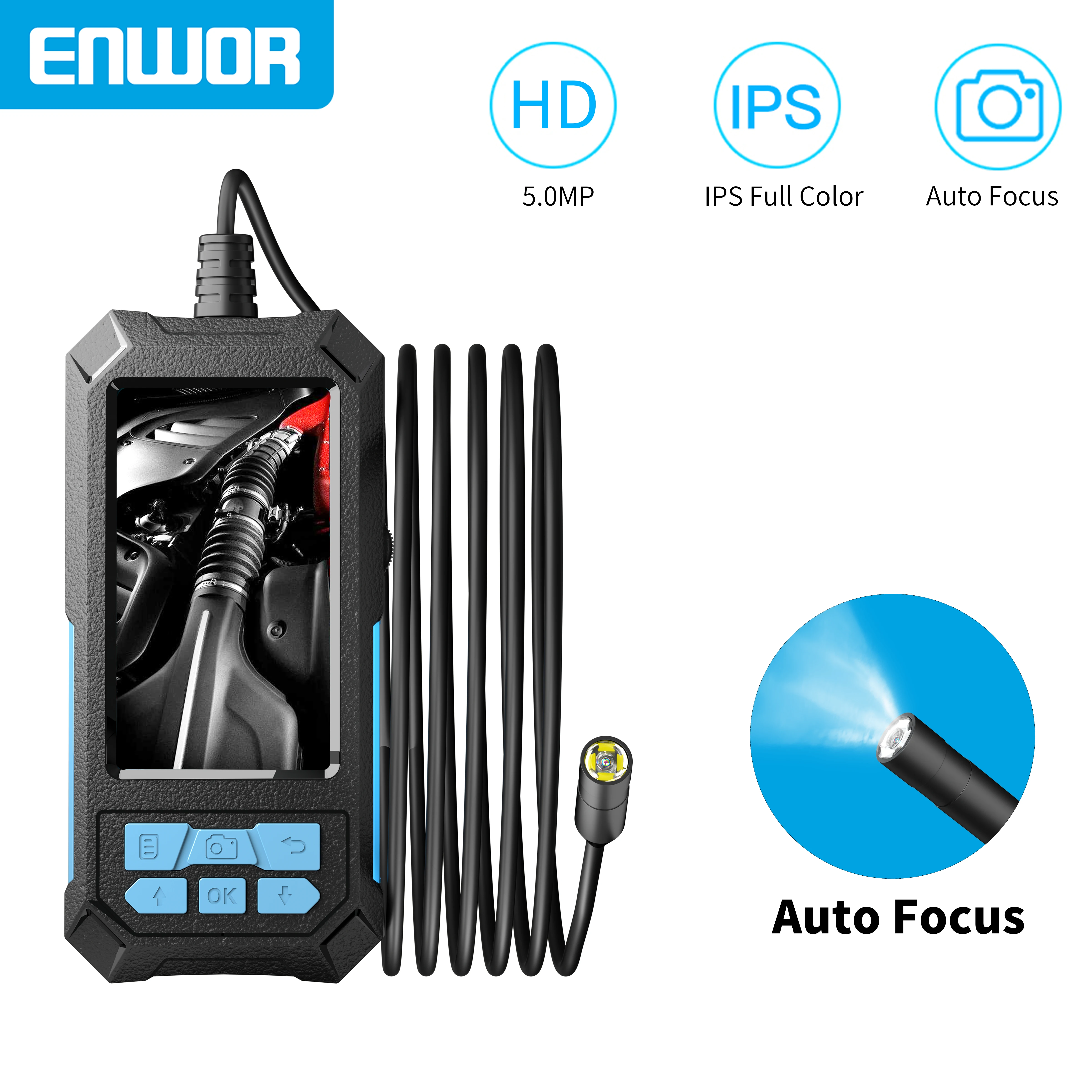 ENWOR Auto Focus Endoscope HD1944P 5.0MP Auto Focus 4.5 Inch IPS Screen IP68 Waterproof Lens Borescope Camera with Display 2600m