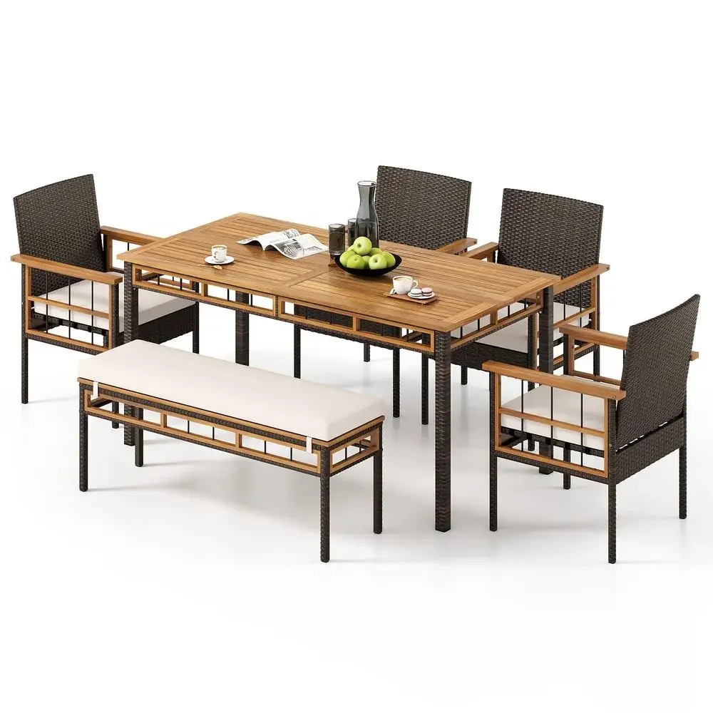 

6 Pieces Patio Dining Table Set, Outdoor Rectangular Acacia Wood Table with 1.97 Umbrella Hole amp Cushioned Backless Bench amp