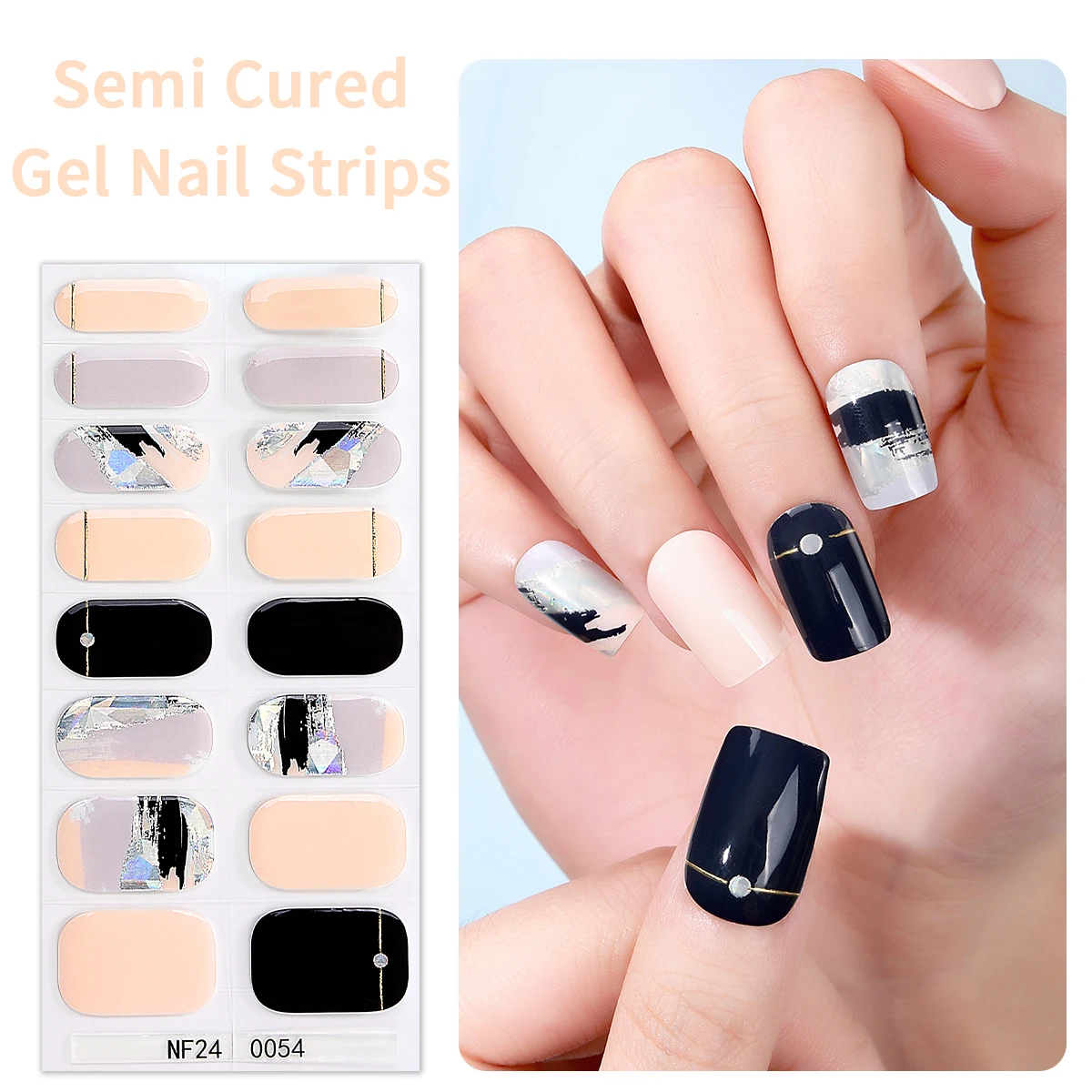 Bandes d'autocollants pour ongles en gel semi-durci, brillant, ciel étoilé, paillettes dégradées, couverture complète, longue durée, curseurs pour ongles, 16 pointes