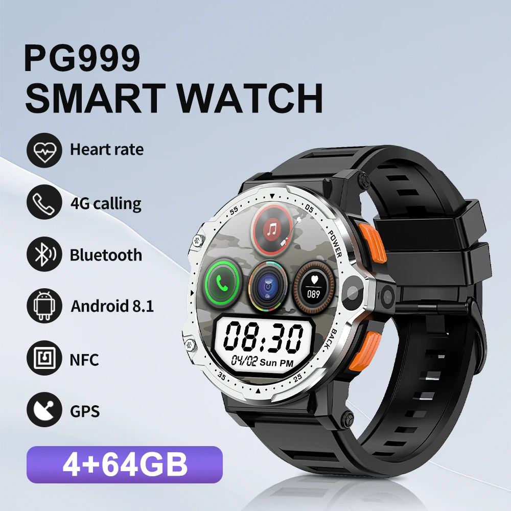 SERVO PG999 4G LTE Smart Watch 200W+800W HD Dual Camera  4+64GB Android 8.1 GPS Positioning WIFI NFC Heart Rate Smart Watch Men