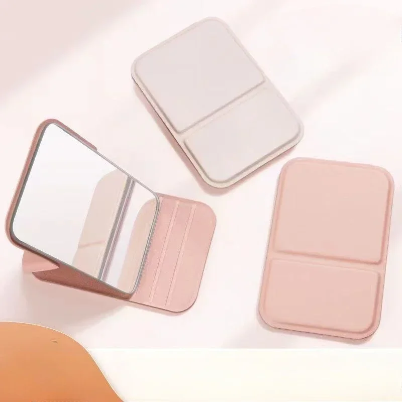 Desktop Makeup Mirror Solid Color PU Leather Simple Portable Handheld Makeup Mirror Foldable Student Compact Cute Pocket Mirror