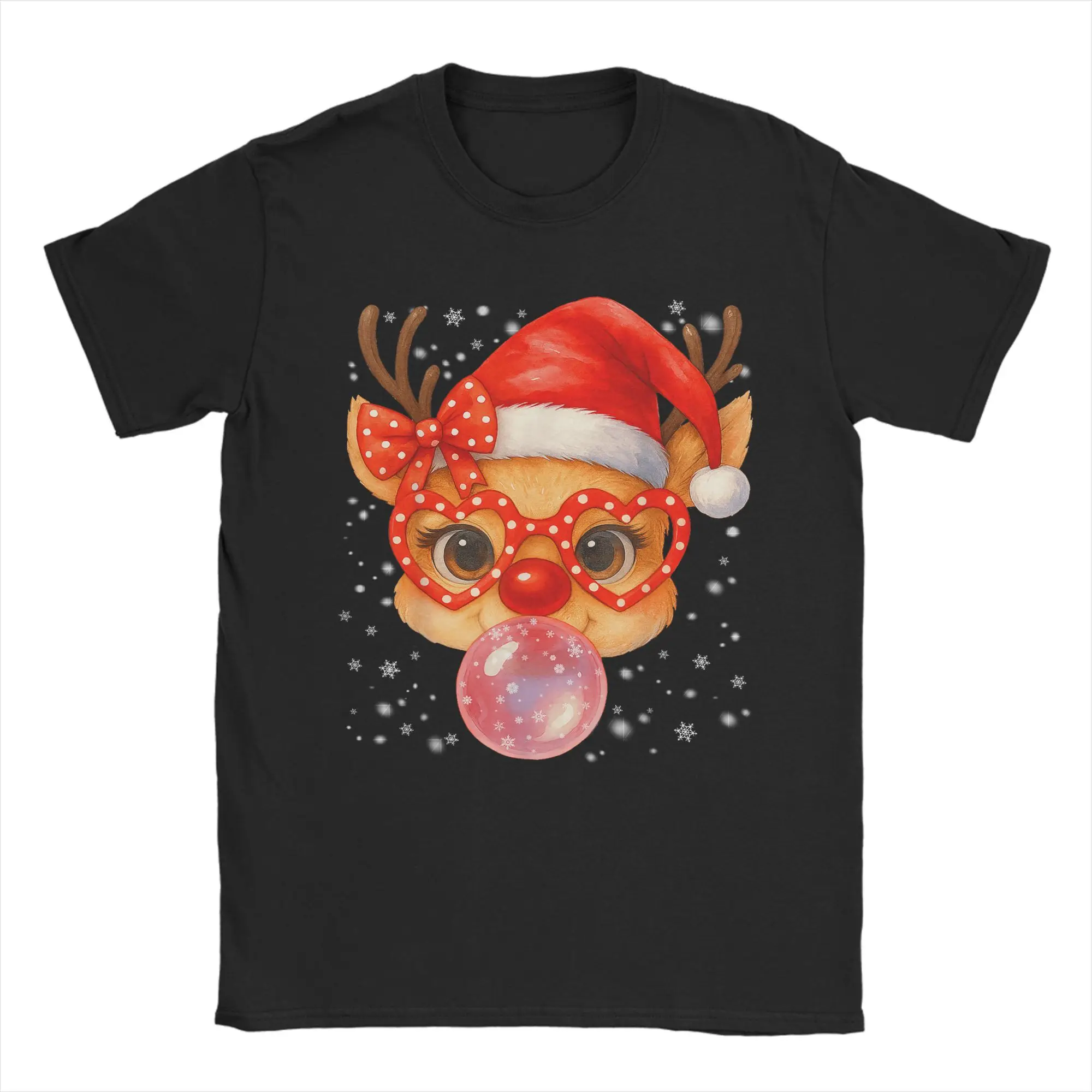 

Милая Рождественская футболка с красным носом Рудольфа, летние футболки в стиле Харадзюку, хлопковая футболка с круглым вырезом для пар, одежда больших размеров, подарок